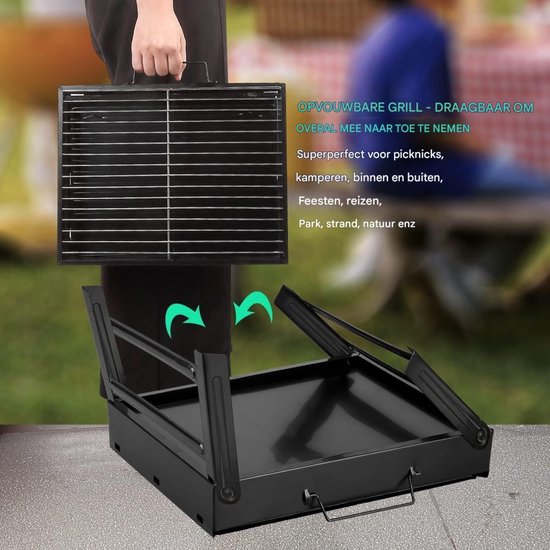 GELLDG Houtskoolgrill - Reisegrill met Uittrekbare Aslade - Opvouwbare Minigrill 35x27x20cm - Geschikt voor Picknick en Camping - Metalen Tischgrill - Draagbaar Design — afbeelding 2