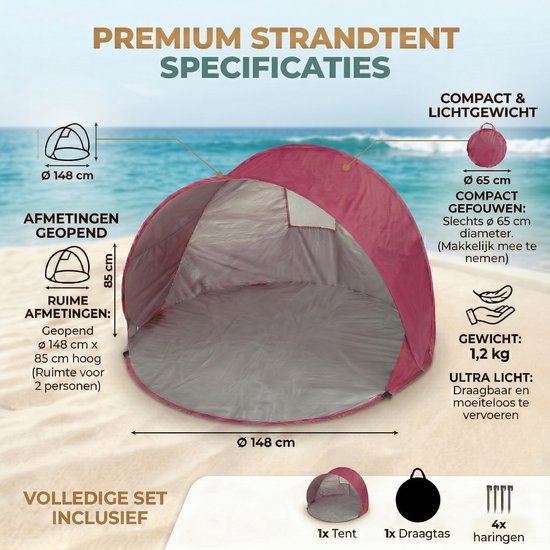 Strandtent Pop Up - Roze - Opvouwbaar - UV 50+ bescherming - Incl. Draagtas & Haringen - Geschikt voor 2 volwassenen van Merkloos — afbeelding 2