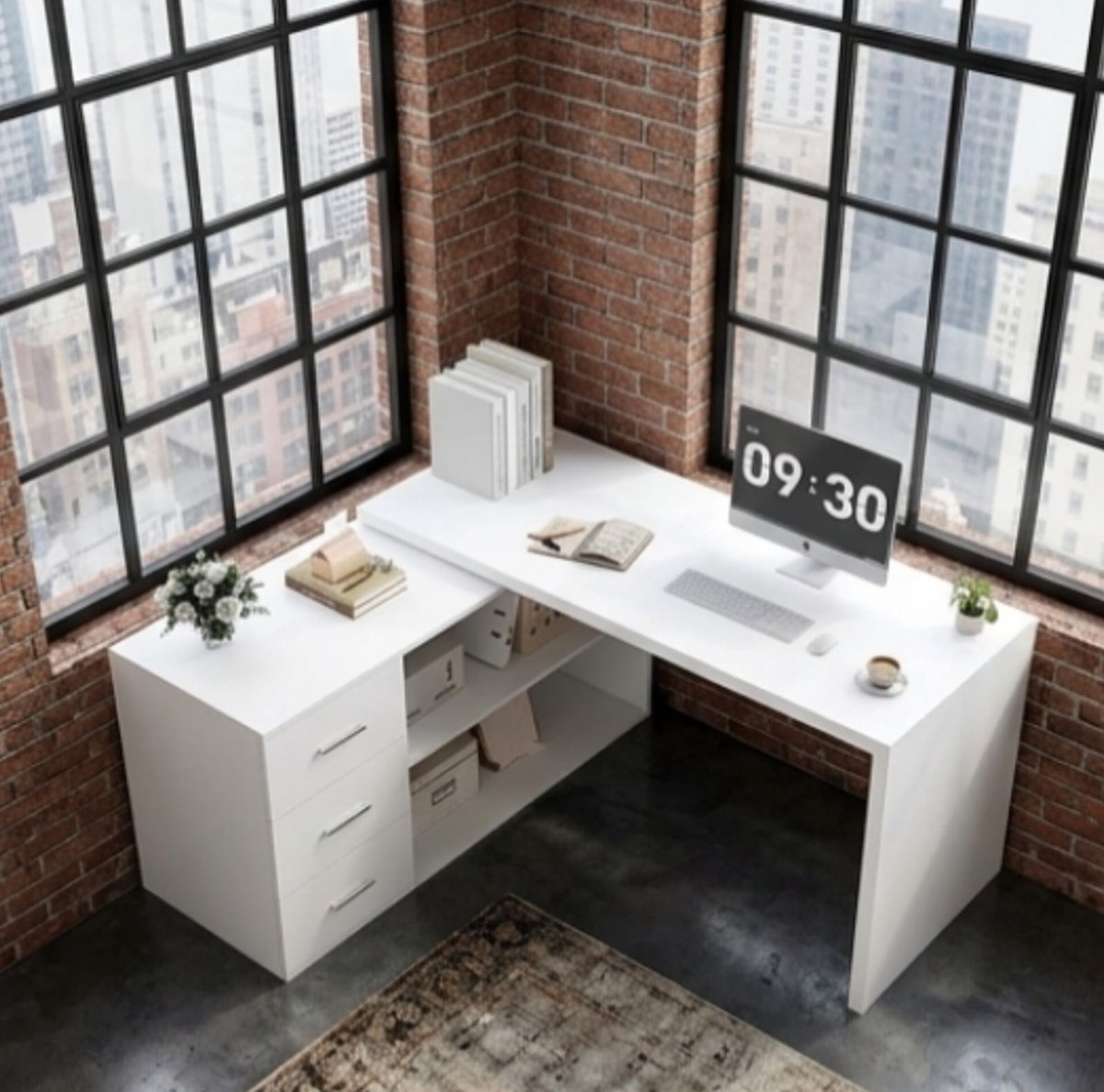 Hoekbureau L-vorm 140x50x76 cm Wit – Omkeerbaar Bureau met 3 Laden en 2 Planken, Modern Computerbureau met Opbergruimte voor Thuiswerkplek – Urbanhome