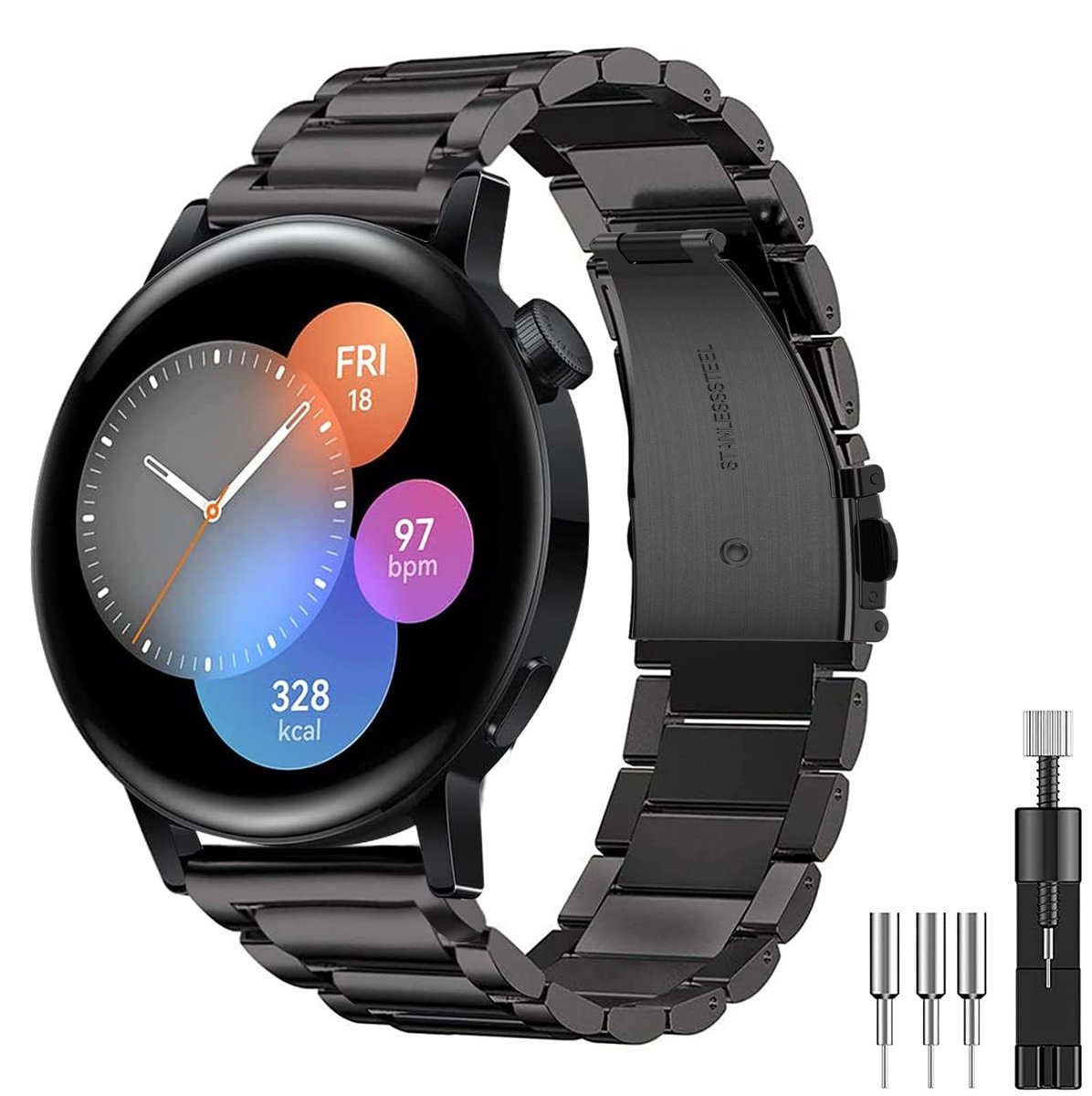ONF3 - Diruite Bracelet - Stijlvolle Metalen Horlogeband - Zwart - Geschikt voor Huawei Watch 3/3 Pro/GT/GT2 - Hoogwaardige Kwaliteit - Perfecte...
