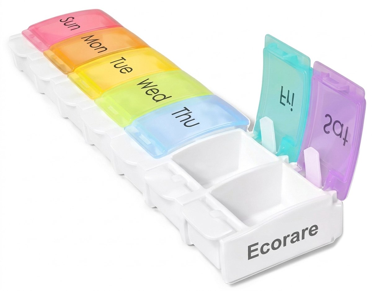 Ecorare - Pillendoos 7 dagen - BPA vrij kunststof - 7 kleurenvakken pillendoosje - Eenvoudig te openen medicijndoos