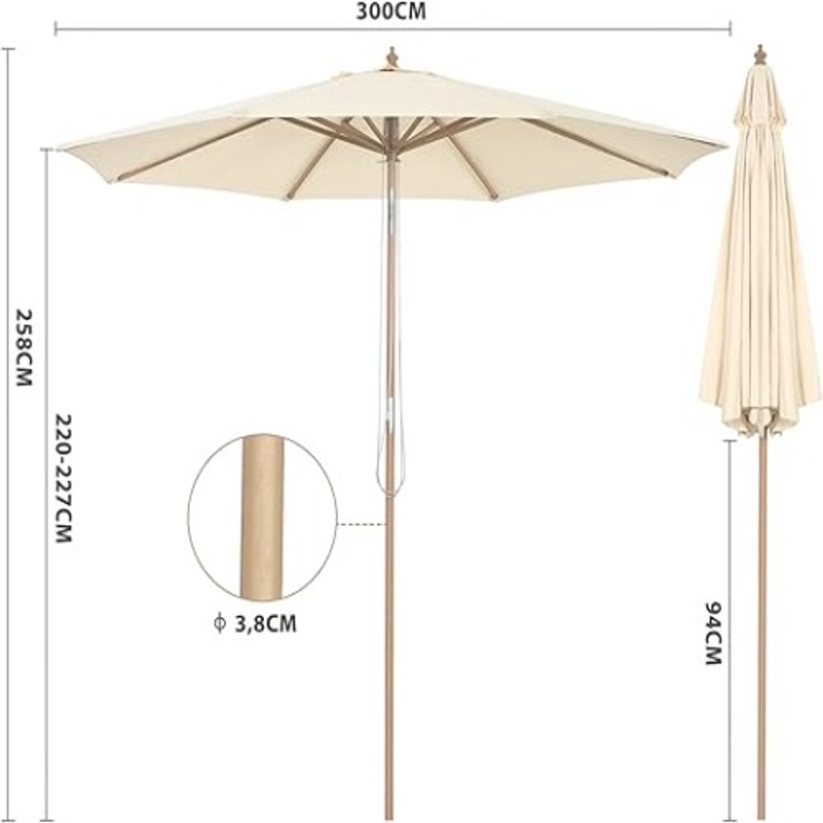 Houten Tuinparasol 300 cm Rond – Kantelbaar 30°, Verstelbare Hoogte en UV-Bescherming – Luxe Terrasparasol met Ventilatie voor Tuin, Balkon, Strand & Horeca – Beige – Nicolehome