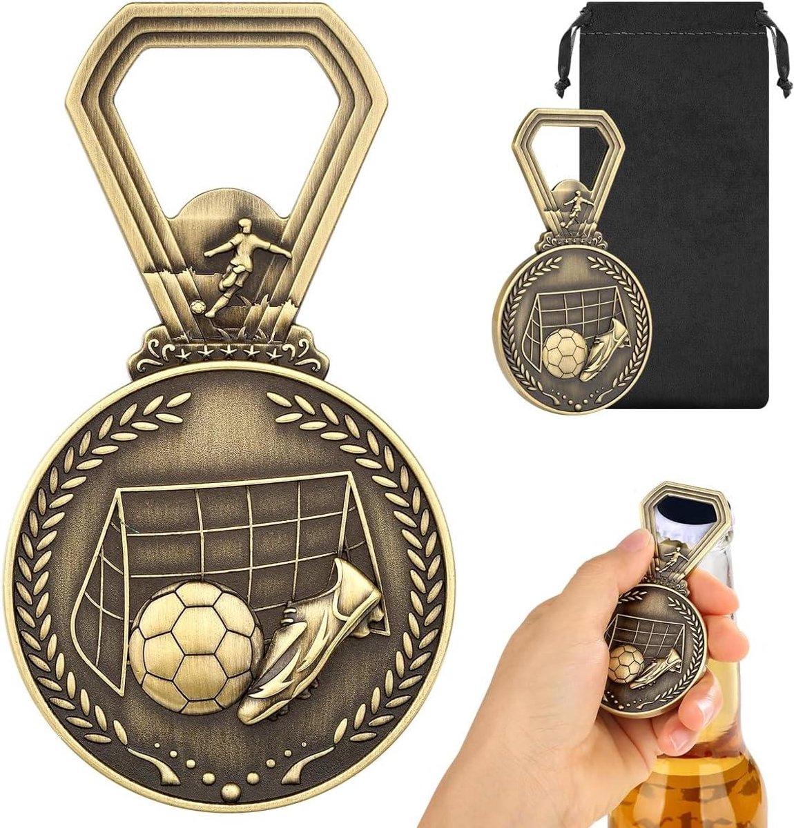 Voetbalmedaille Flesopener - Bieropener Medaille - Bier Openen - Uniek Voetbalontwerp - 9 cm Hoog - Brons