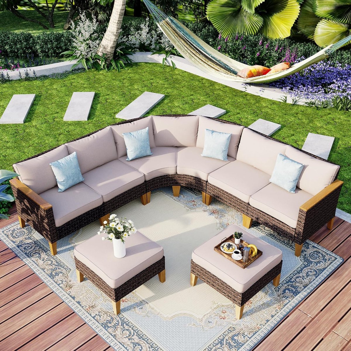 Tuinbank / Loungemodule 61 x 61 x 44,5 cm – Multifunctionele Rotan Loungeset Module met 10 cm Cushion Pro Kussen – Weerbestendig, Modulair & UV-bestendig – Halvemaanvormig Design – Beige/Crème – Nicolehome
