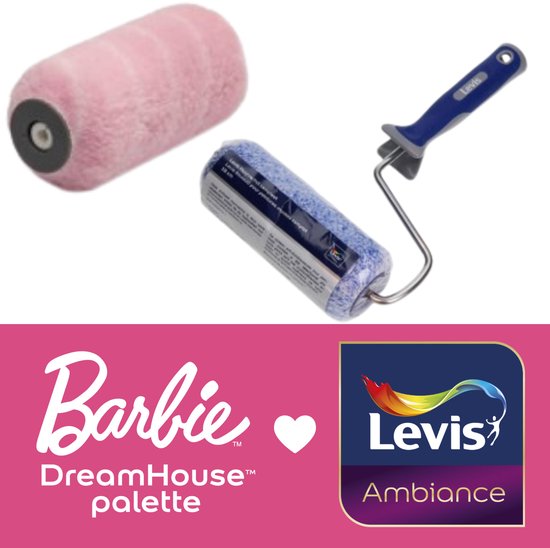 Verfroller met roze vacht en een blauw-grijze handgreep, naast een kleinere roller met blauwe verf. Barbie DreamHouse Palette logo.