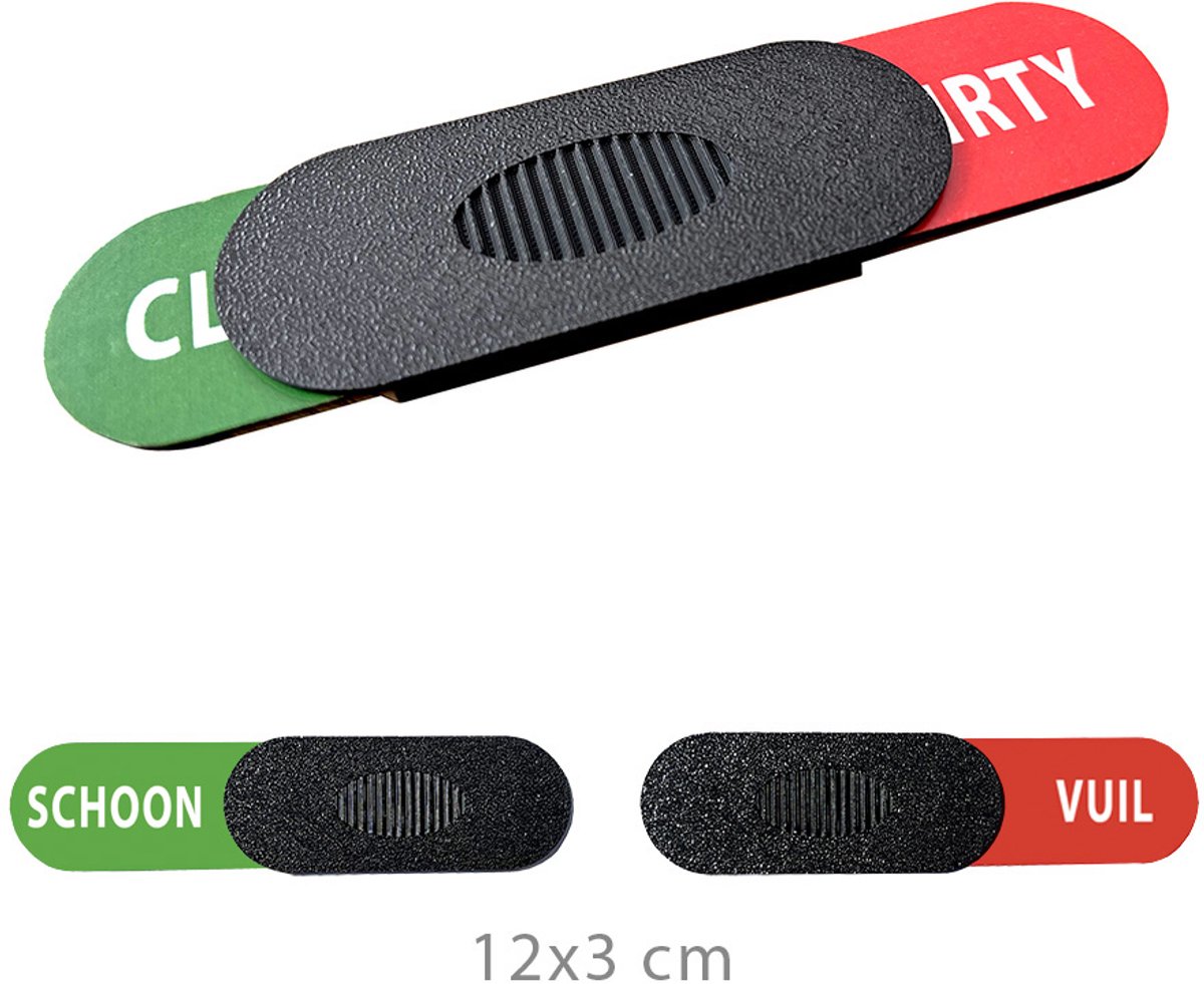 Schuifbordje Schoon/Vuil voor Vaatwasser – Afwasautomaat Indicator – Deurbordje Zwart – Modern Compact Design – 3D-geprint Duurzaam Plastic – 30 x 120 mm