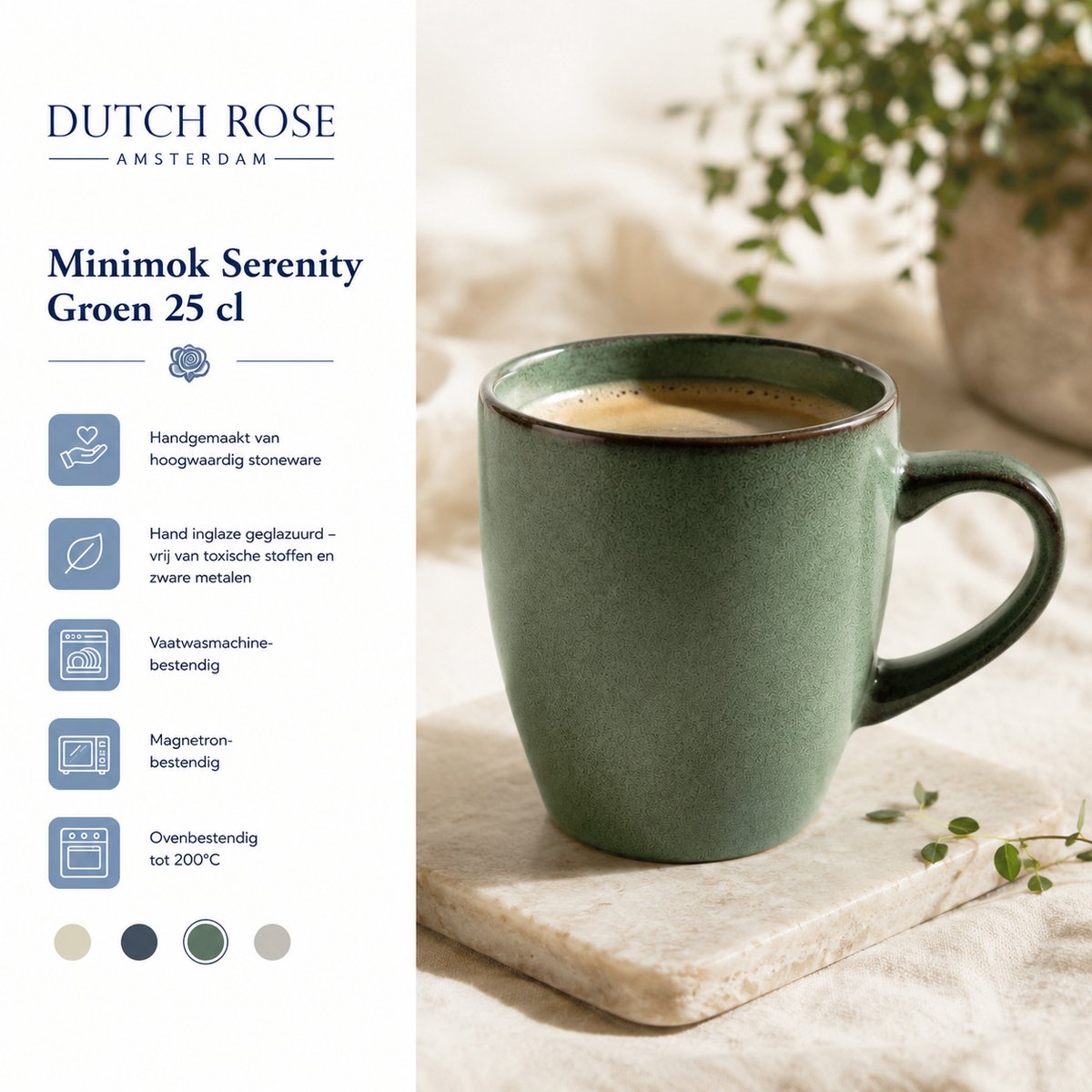 Dutch Rose Serenity Mok - Theemok - Koffiemok - Stoneware Handgemaakt - Groen 25 cl.