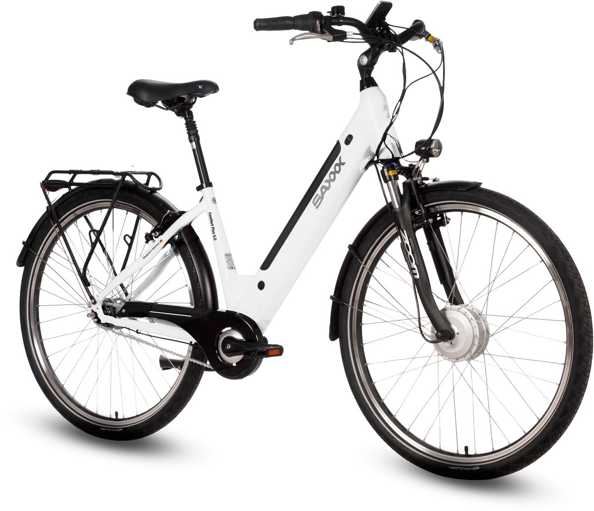 saxxx Comfort Plus 4.0 - 26 inch elektrische stadsfiets - actieradius tot 90 km - 95% voorgemonteerd - voorwielmotor - 36V 418Wh accu - Shimano 7-speed naafversnelling - LCD-display - Wit glanzend