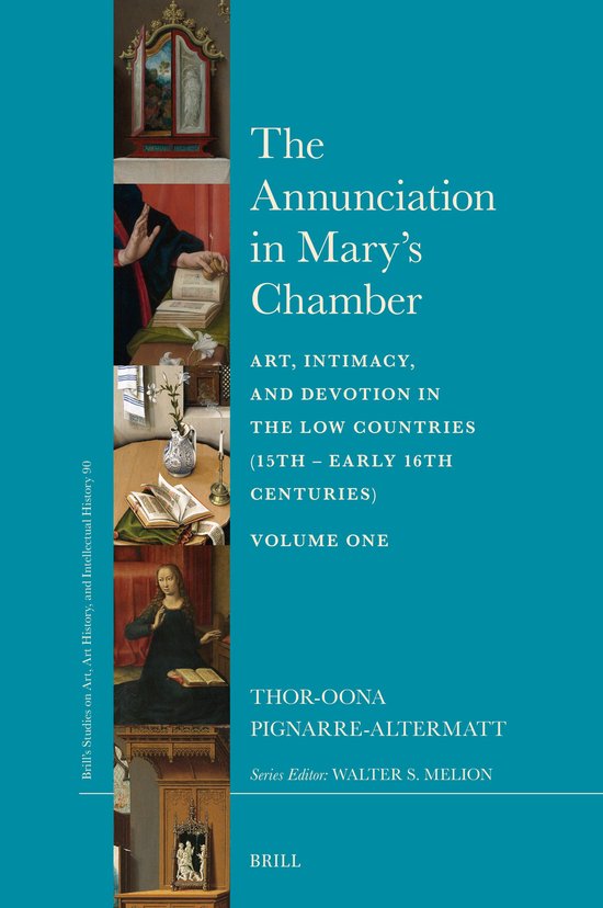 Couverture de livre sur fond bleu avec des détails de peintures religieuses du XVe siècle sur Marie et l'Annonciation.
