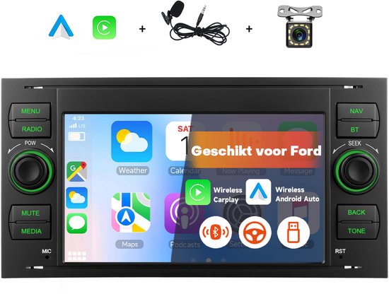 Boscer Draadloos Apple CarPlay & Android Auto Autoradio - 7 Inch Scherm - Geschikt voor Ford Fiesta, Focus, Mondeo, Transit, Kuga, C-Max, S-Max, Galaxy & Connect - Bluetooth - Achteruitrijcamera & Microfoon