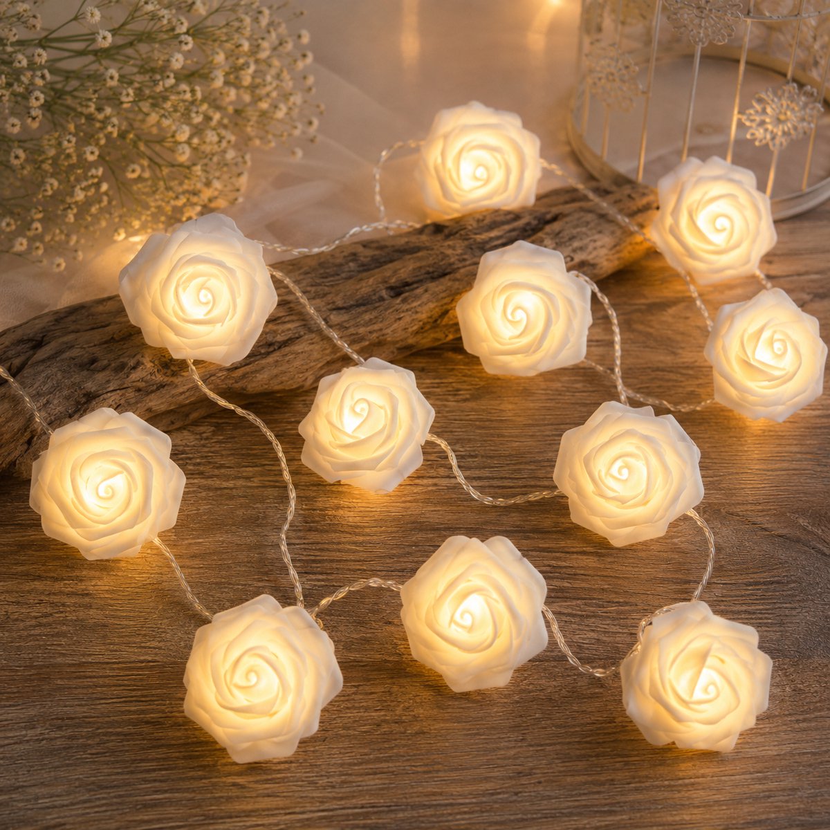Lynn's Led Rozen Lichtsnoer - 3 Meter - 20 Lichtjes - Warm Wit - Bloemen Lampjes - Batterij - Slaapkamer