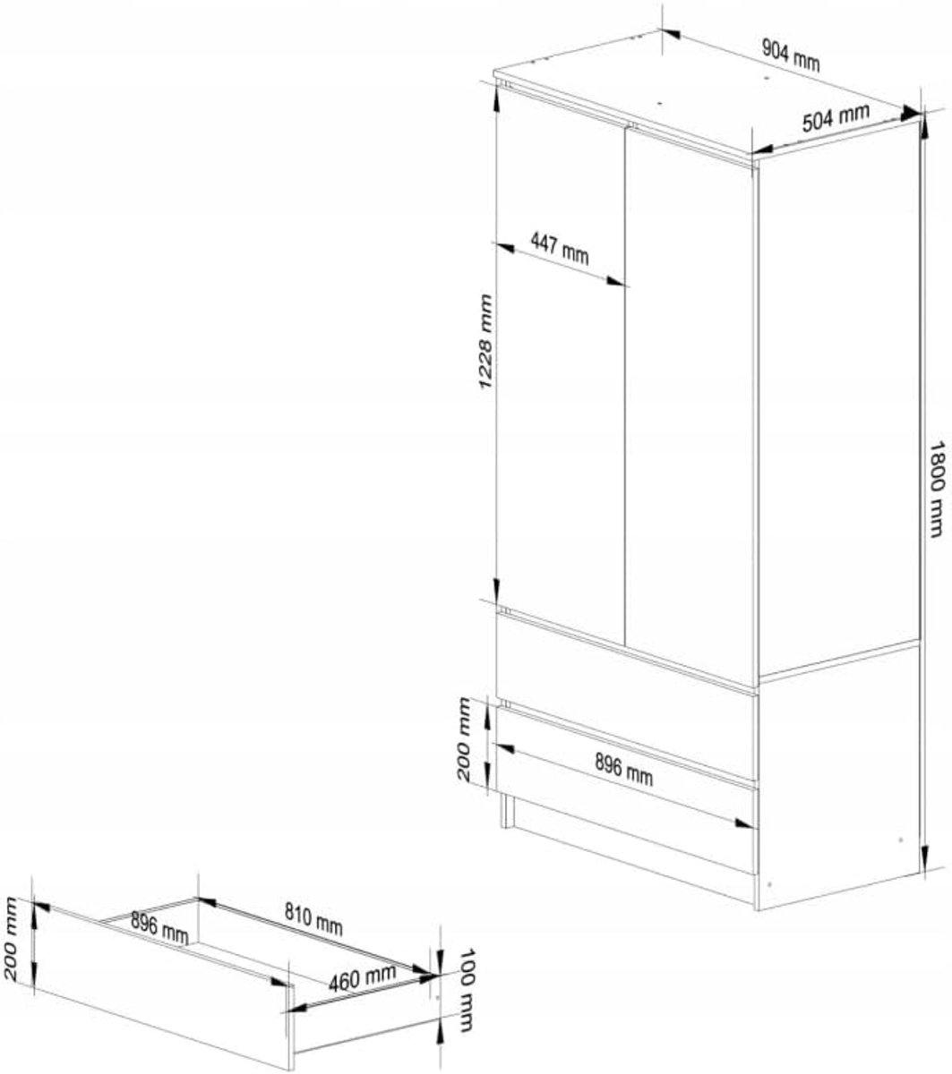 Kledingkast 2 Deuren met 2 Lades en Kledingroede - House&Garden Garderobekast met 4 Legplanken - Moderne Opbergkast voor Slaapkamer, Hal en Kinderkamer - Grijs/Eiken Artisan - 180 x 90 x 51 cm