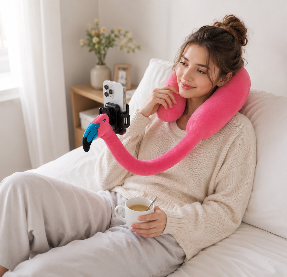 Spokey 2-in-1 Flamingo Nekkussen met Telefoonhouder – Flexibel Reiskussen & GSM Standaard – Roze Pluche-Autokussen