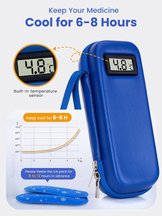 Insuline Koeltas met 2 Koelelementen - Met °C Temperatuurweergave - Diabetes Koeltas - Insulinepennen koeltas - Diabetische Reistas - Insuline Etui - Koelbox - Koeltasje Voor Op Reis - Koeltas voor Insulinespuit - Koelt Medicatie 6-8 uur lang - Blauw — afbeelding 3