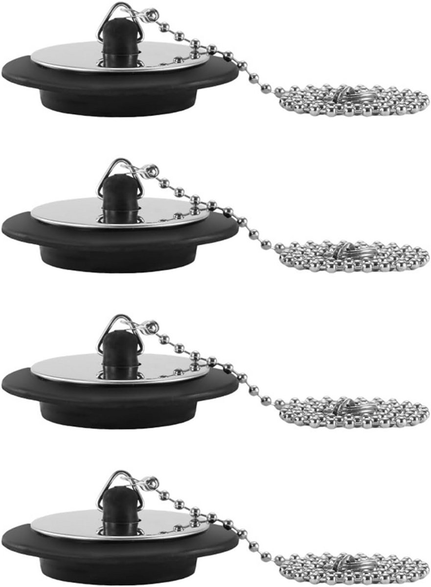 Wastafelstopper - Afvoerstop - Geur afsluiten - Met ketting - 4 stuks - Zwart zilver