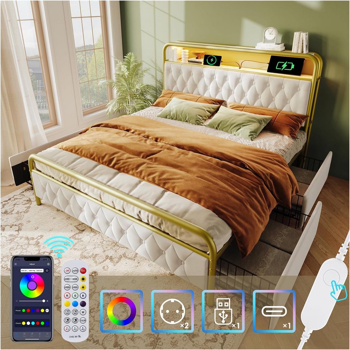 Gestoffeerd Bed - Tweepersoonsbed Opbergruimte - Moderne Slaapkamer - Met LED en USB - 160