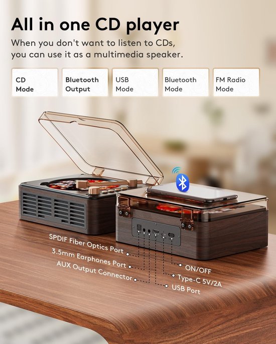 CD-speler met Bluetooth-luidsprekers, nostalgische retro draagbare CD-speler voor thuis, houten muziekspeler, FM-radio voor thuis, bedraad en met afstandsbediening - walnootbruin — afbeelding 3