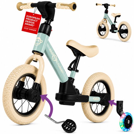 Kidcruiser Loopfiets 2+ jaar - Optioneel met LED Zijwieltjes & Trappers - 3-in-1 Kinderfiets - 12 inch – Zacht Groen & Creme wit – Modulair Design