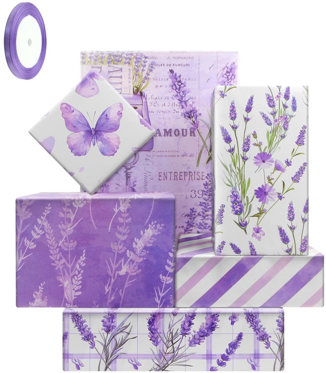Dailygoods- Geschenkpapier 6 Vellen - Lavendelbloem Inpakpapier - Cadeaupapier Verjaardag - Cadeauverpakking Bruiloft - Hoogwaardig Papier - 50,8 x 70 cm
