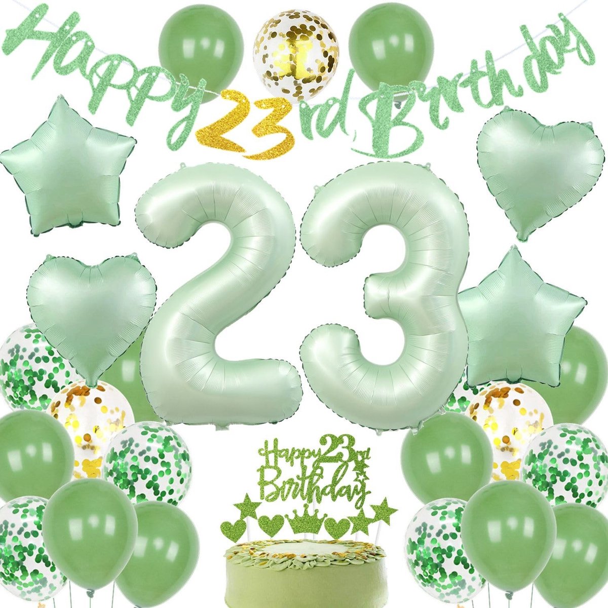 Dailygoods- Ballonnen 23e Verjaardag Avocado Groen - Folienballon 81 cm - Latex Ballonnen 30 cm - Ster Folienballonnen 45 cm - Hartvormige Folienballonnen 45 cm - Taartdecoratie 3x Hart - Verjaardagsballonnen