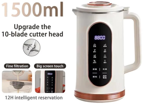 Sojamelk Maker 1,5L - Multifunctionele Blender & Soepmaker - 10 Messen RVS - Touchscreen - Zelfreinigend - Timer tot 12 uur - Warm & Koud Functie — afbeelding 2