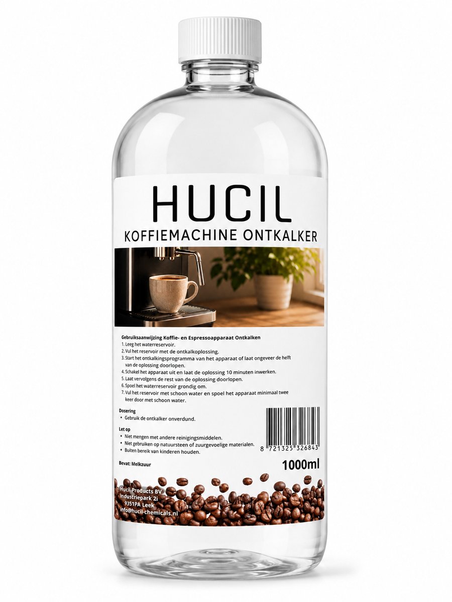 Hucil Melkzuur Ontkalker 1 Liter – Voor Koffiemachines, Waterkokers en Espressoapparaten