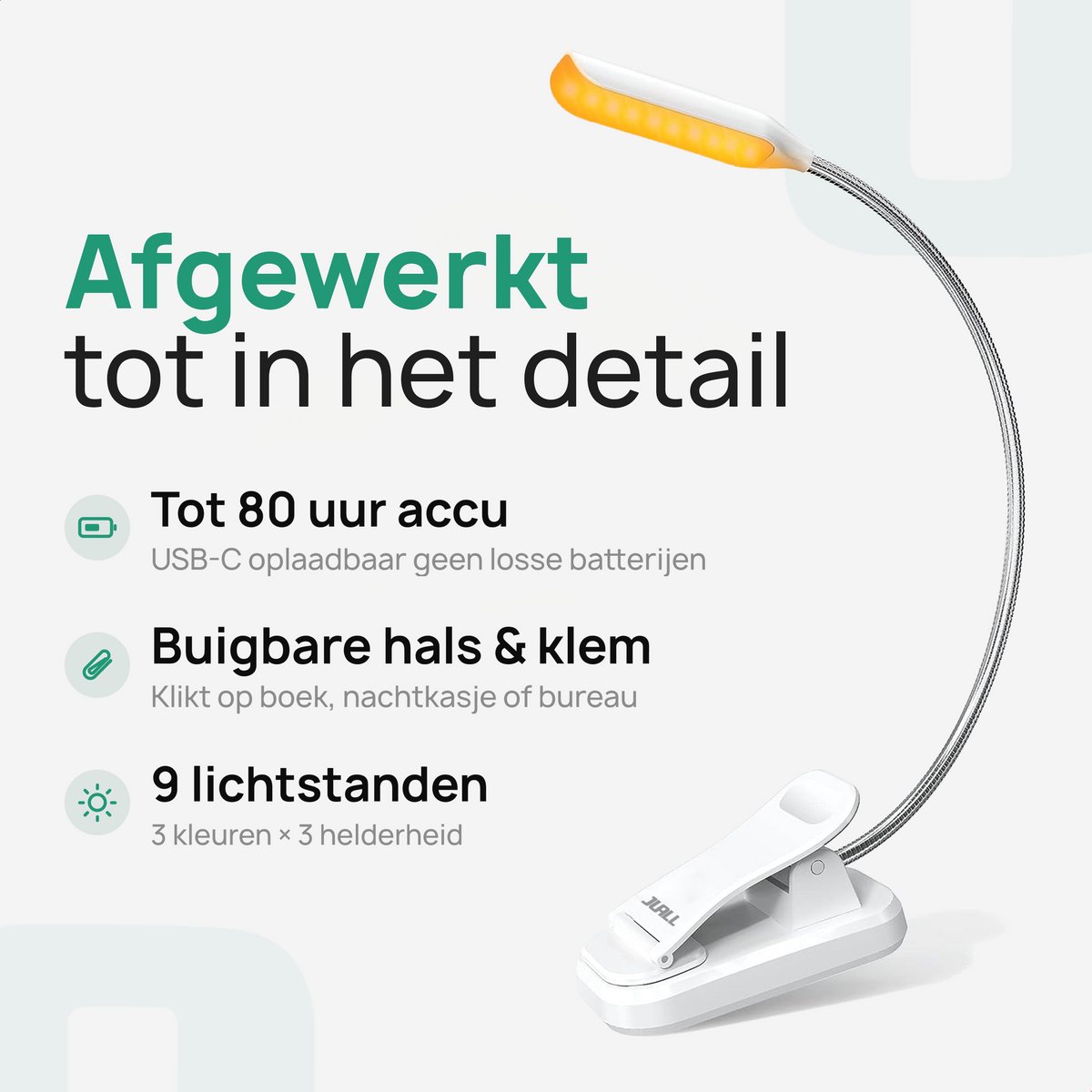 JUALL LED Leeslampje voor Boek - 9 Lichtstanden - Oplaadbaar Leeslampje voor in Bed - Boeklampje - Leeslampje met Klem - Bedlampje - Wit — cadeau in Gadgets - foto 2