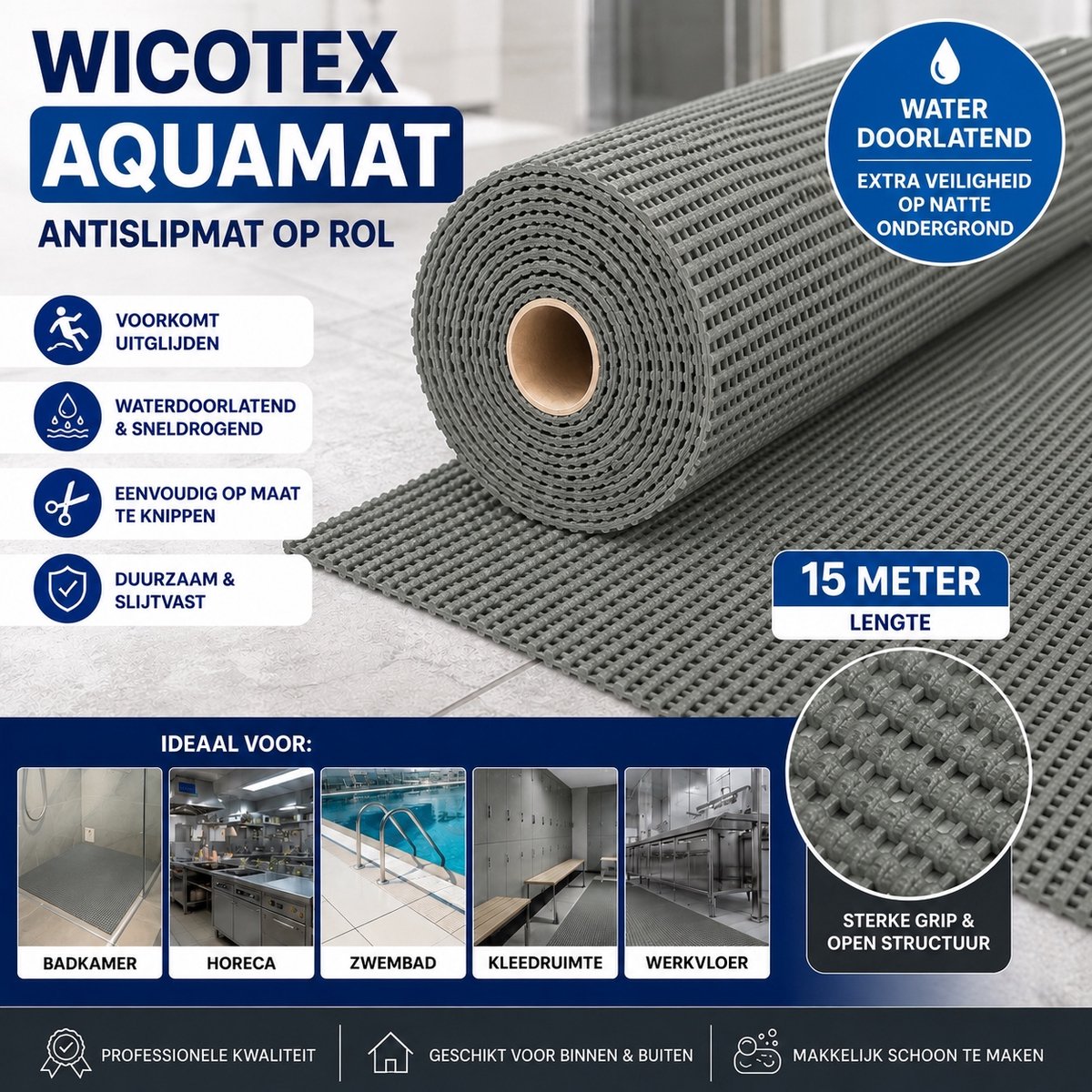 Wicotex - Aquamat Antislipmat op Rol – 15 meter – Waterdoorlatende Vloermat – Op Maat te Knippen – Voor Badkamer, Horeca, Keuken en Zwembad - Kleur Antraciet