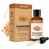 Doosje en flesje PureOil Frankincense Essentiële Olie met 100% pure wierookhars, spuitdop en druppelaar.