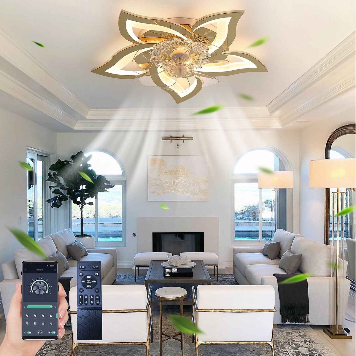 Equivera Plafonniere met Ventilator - Goud - Plafondventilator - Plafondventilator Met Afstandsbediening & APP - Plafondventilator Slaapkamer - Plafond Ventilator met Verlichting - Plafondlamp - Plafonniere - Ideaal voor in uw slaapkamer!