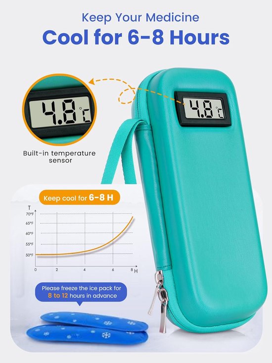 Insuline Koeltas met 2 Koelelementen - Met °C Temperatuurweergave - Diabetes Koeltas - Insulinepennen koeltas - Diabetische Reistas - Insuline Etui - Koelbox - Koeltasje Voor Op Reis - Koeltas voor Insulinespuit - Koelt Medicatie 6-8 uur lang - Groen — afbeelding 5