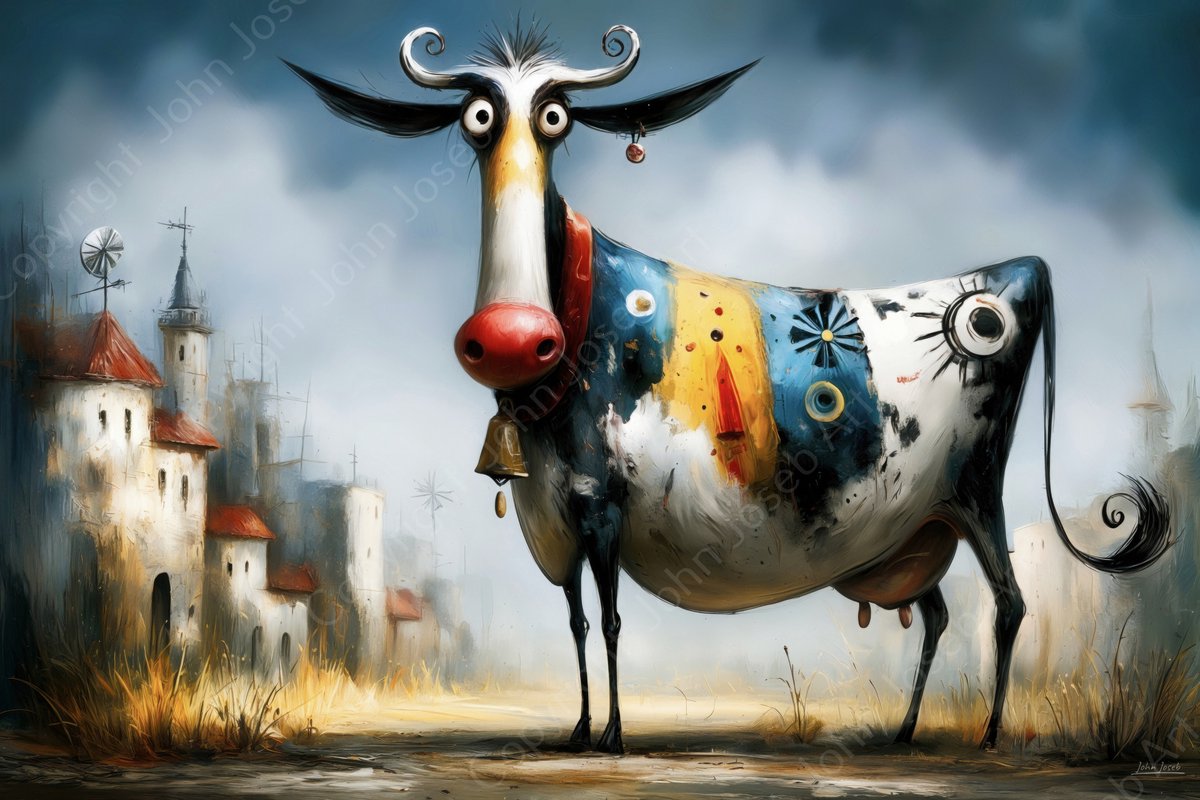 John Joseb Art (Aluminium) 90x60 | Gekke stier, grappig, humor, koe, Salvador Dali stijl,