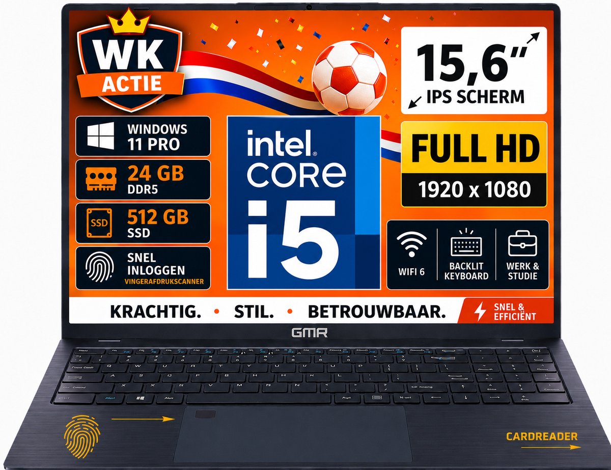 GMR Laptop 15.6 Inch Full HD IPS Scherm | Intel Core i5 | 24GB DDR5 RAM | 512GB SSD | Windows 11 Pro | Zakelijke Laptop | Werk Laptop | Studenten Laptop | Thuiswerk Laptop | Office Laptop | Kantoor Laptop