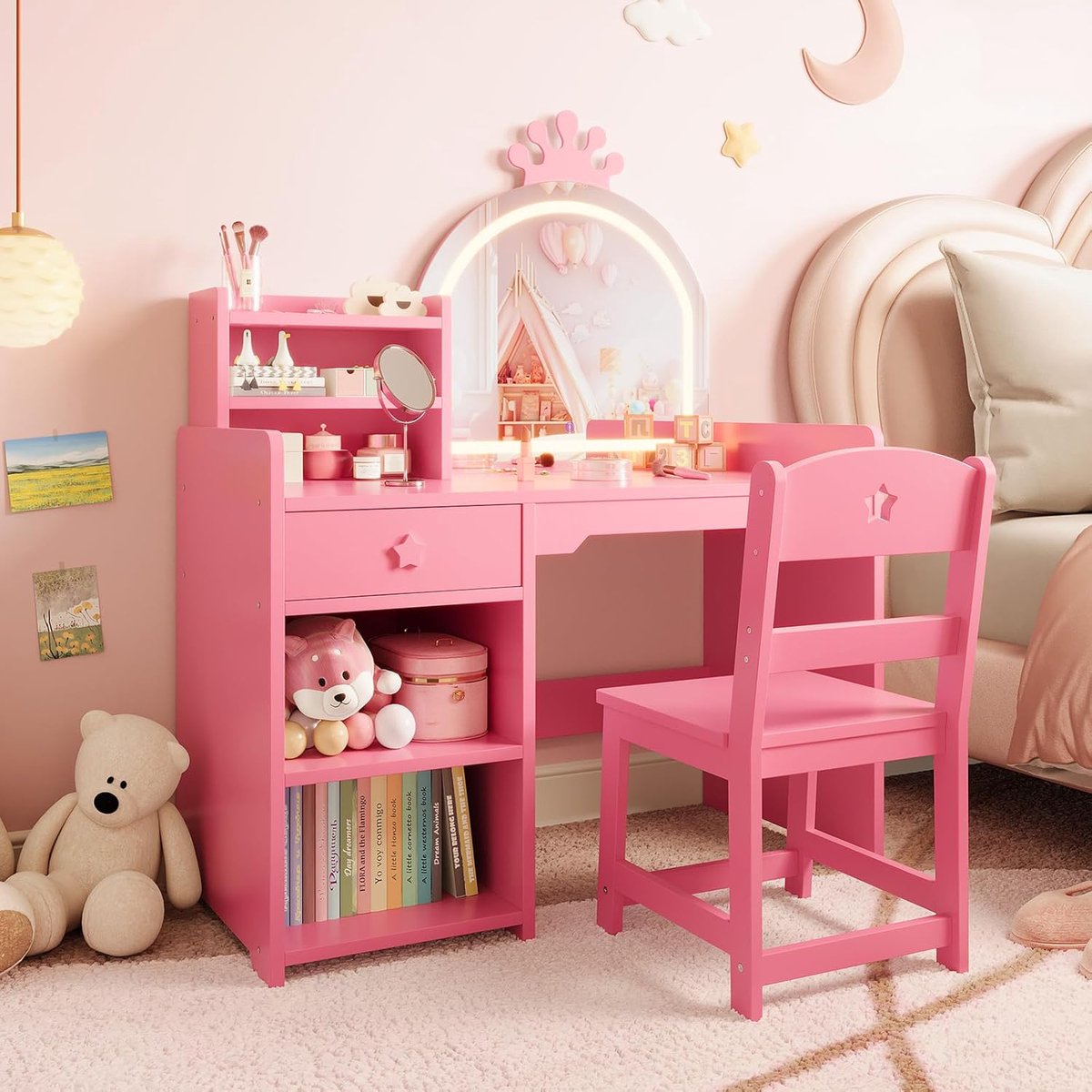 2-in-1 kinderkaptafel met LED-spiegel en krukje - Houten prinsessenkaptafel met boekenplank en opbergruimte voor de meisjeskamer