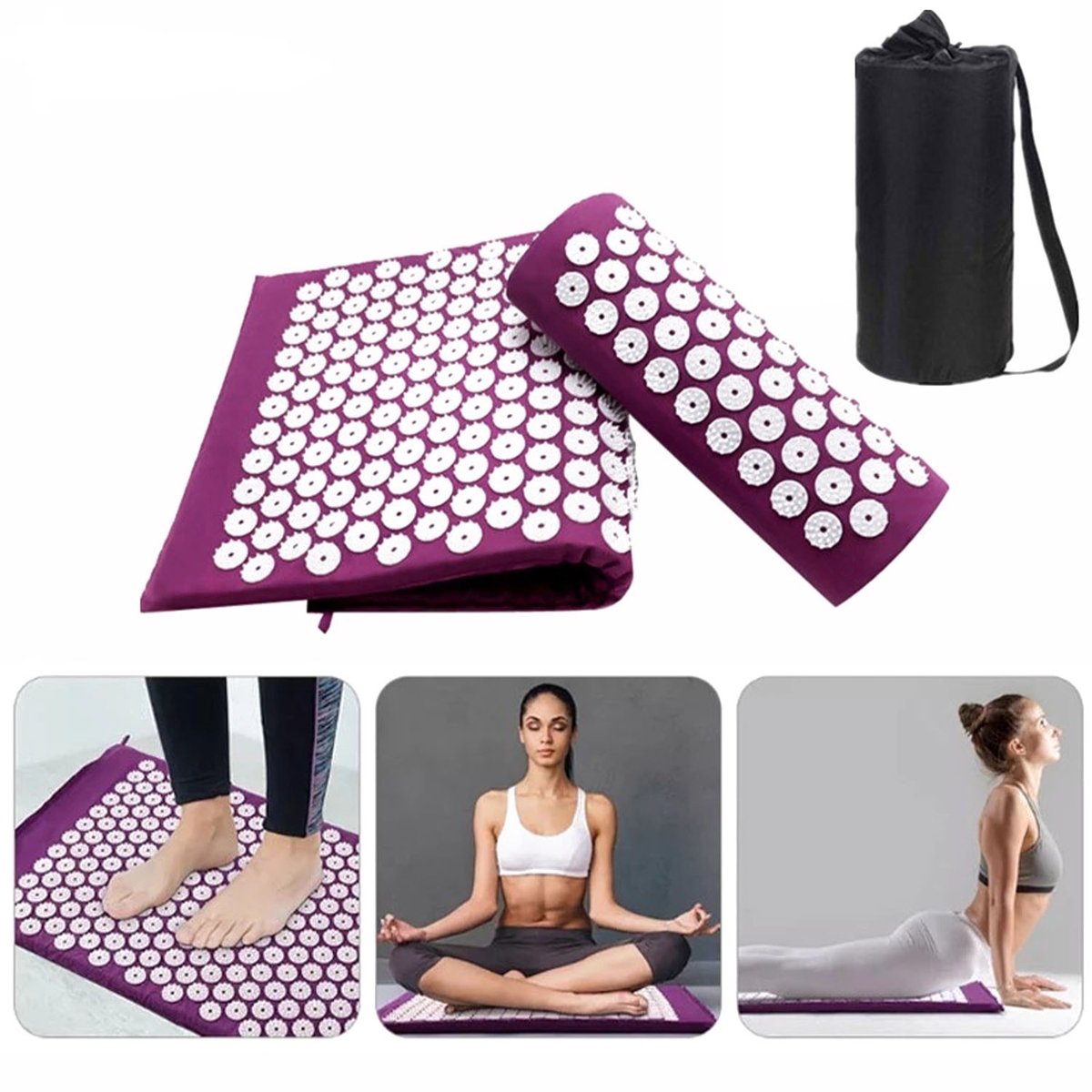 Acupressuurmat met Kussen Paars - Massage Mat voor Ontspanning en Spierherstel - Spijkermat Yoga Mat tegen Rug Nek en Schouderspanning - Inclusief Opbergtas
