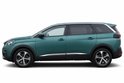 Zij-aanzicht van een groene Peugeot 5008 SUV met zilveren dakrails en chromen accenten.