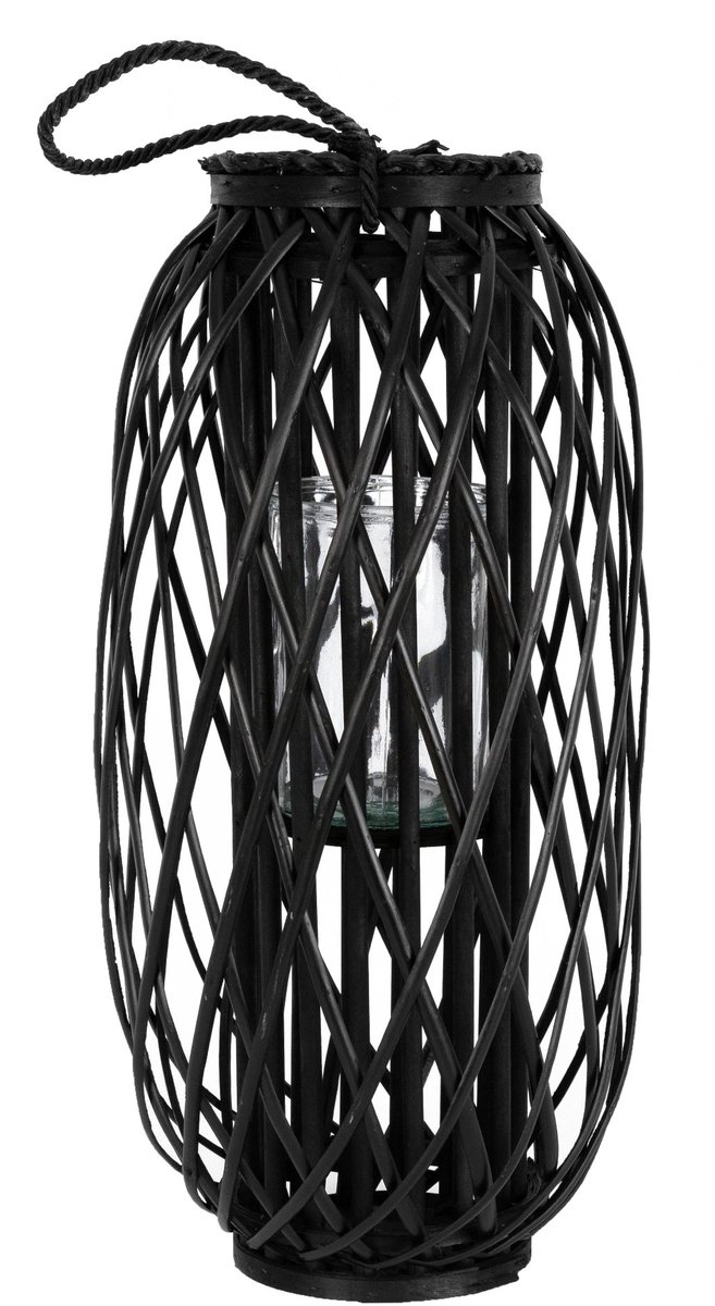 Rietlantaarn met rotan handvat 60 x Ø 27 cm Zwart