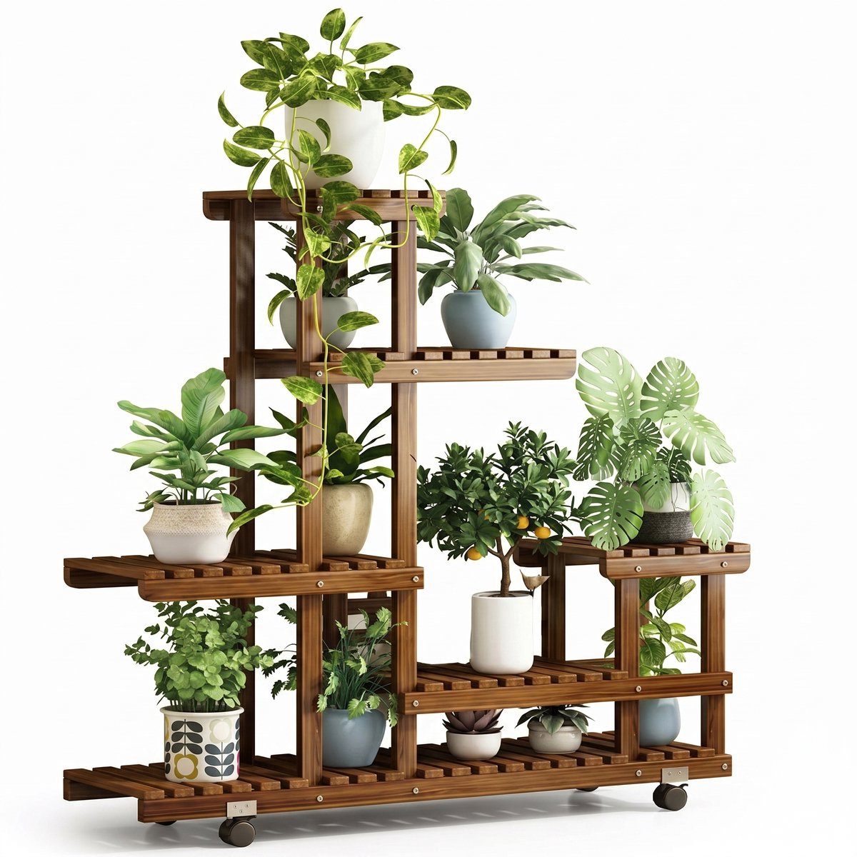 Aiverig® Plantenrek 6-Laags – Verticale Houten Plantenstandaard & Plantentrap – Voor Binnen & Buiten – Grenenhout met Verkoolde Finish – Wieltjes met Rem – Ruimtebesparend – 95×26×96 CM