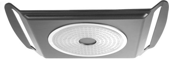 Gegoten aluminium grillplaat met een cirkelvormig inductieverwarmingsgebied eronder.