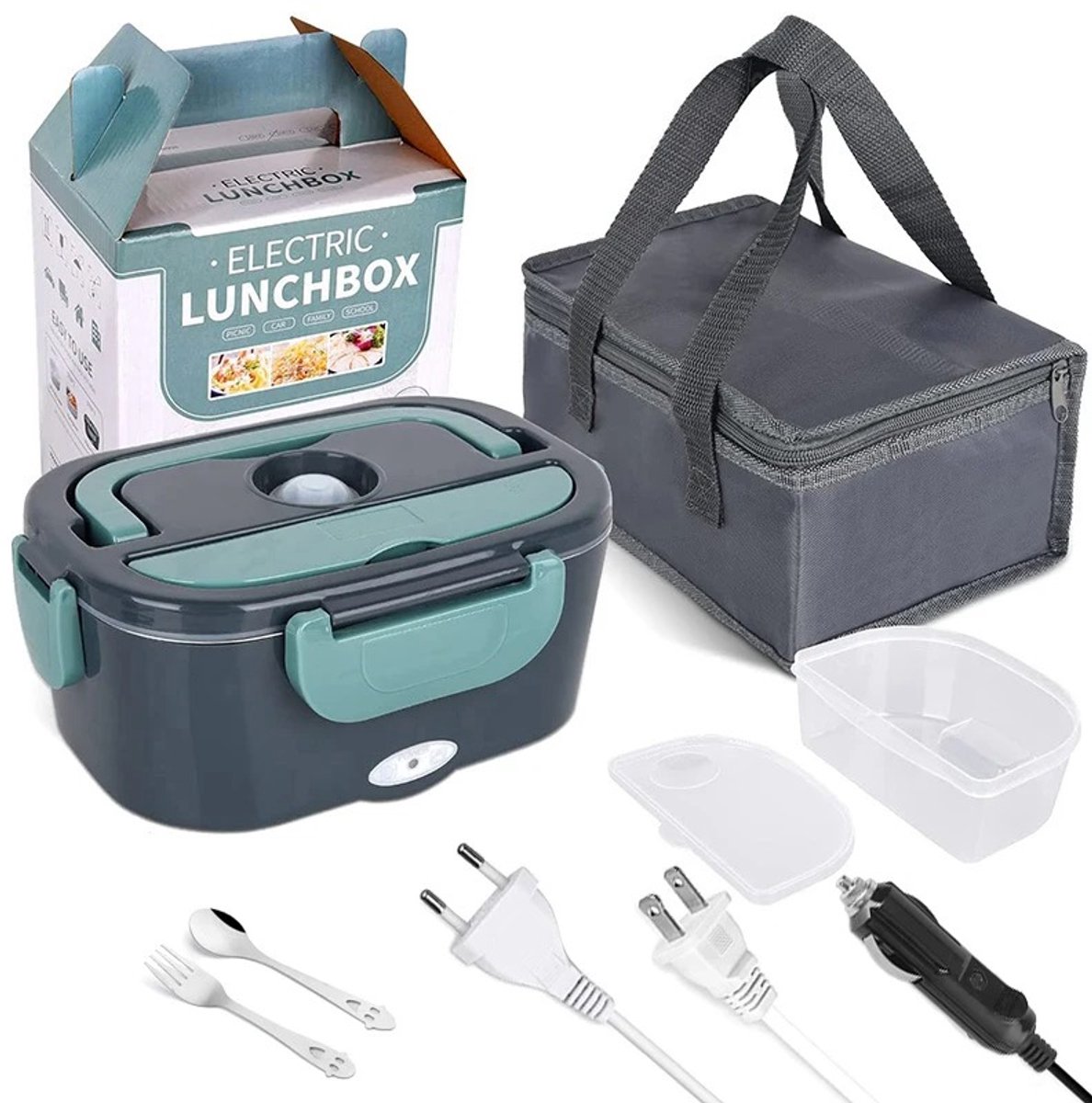 Elektrische Lunchbox 1,5L – Verwarmbare Bento Box voor Auto, Vrachtwagen & Thuis – 12V/24V/220V – RVS Voedselcontainer met Snelle Verwarming