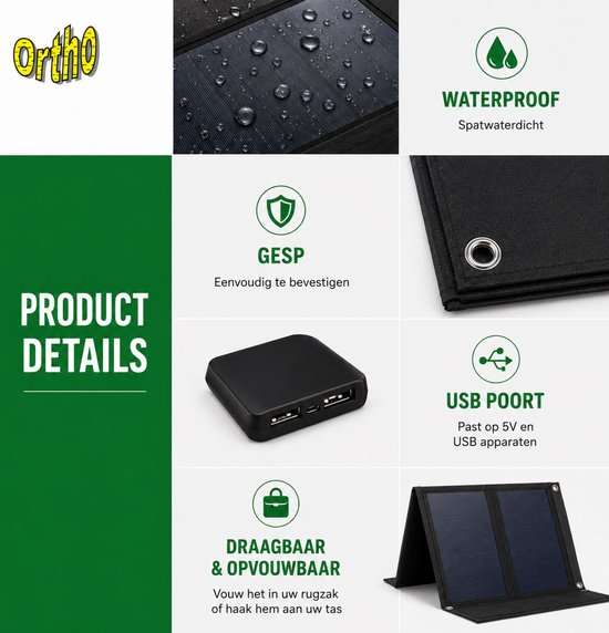 Ortho® - Opvouwbaar Zonnepaneel - Powerbank - Dubbele Aansluiting - Draagbaar Zonnepaneel - Mobiele Telefoon Oplader - Tablet Oplader - USB-Lader - Camping - Camper - Solar Panel van Ortho® — afbeelding 4