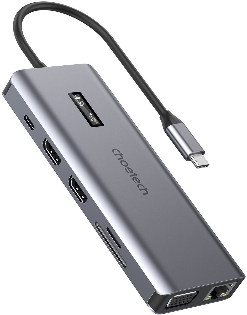 Choetech - HUB - multifunctioneel met display 12in1 USB-C naar USB-C / USB-A / HDMI / VGA / AUX / SD / TF grijs - (HUB-M26)
