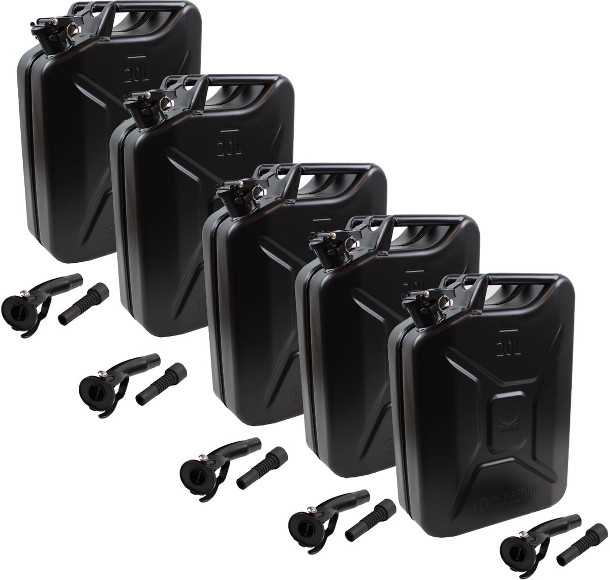 TRUTZHOLM 5x Metalen Jerrycan 20L Zwart - Met UN-Goedkeuring & Schenktuit - Heavy-Duty Dieseljerrycan Brandstofcan Set