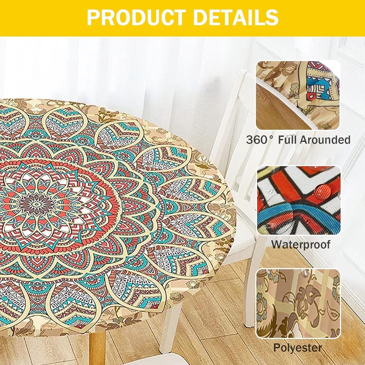 Dailygoods- Tafelkleed Afveegbaar - Rond Tafelkleed 90 cm - Waterafstotend Polyester - Elastische Randen - Perfect voor Buiten - Mandala Design - Tuintextiel
