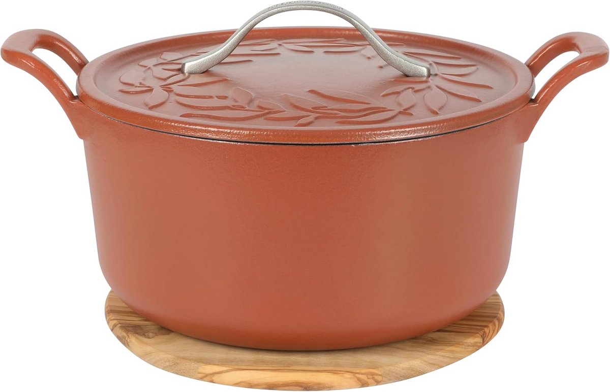 Gietijzeren Pan - Stoofpan Cocotte - Langzaam Garen - Zelfbewaterend Systeem - 7 Liter Inhoud - Mat Terracotta