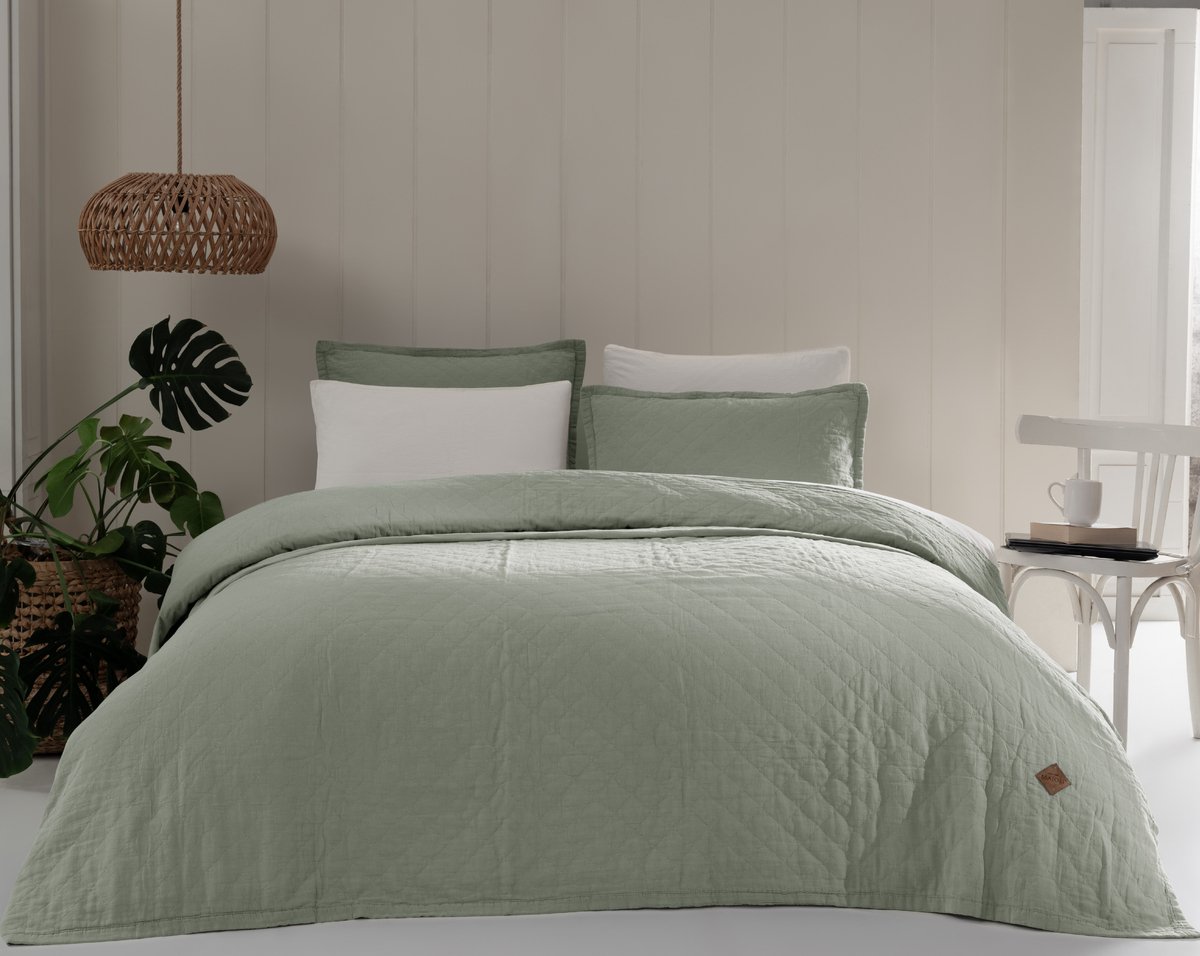 L&G - %100 Katoen Bedsprei 220 x 240 cm – 2-Persoons Bedsprei - Sprei - Plaid – quilt - Deken - Manu Groen