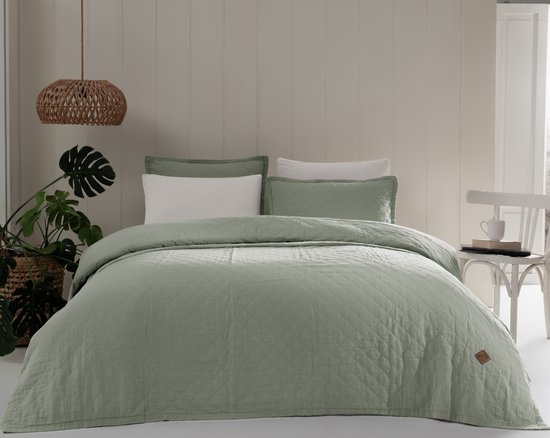 L&G - %100 Katoen Bedsprei 220 x 240 cm – 2-Persoons Bedsprei - Sprei - Plaid – quilt - Deken - Manu Groen
