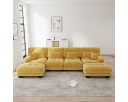 Modulaire hoekbank - U-vormige woonkamerbank - 4-zitsbank - met hocker - met lendenkussen en sierkussen - geel