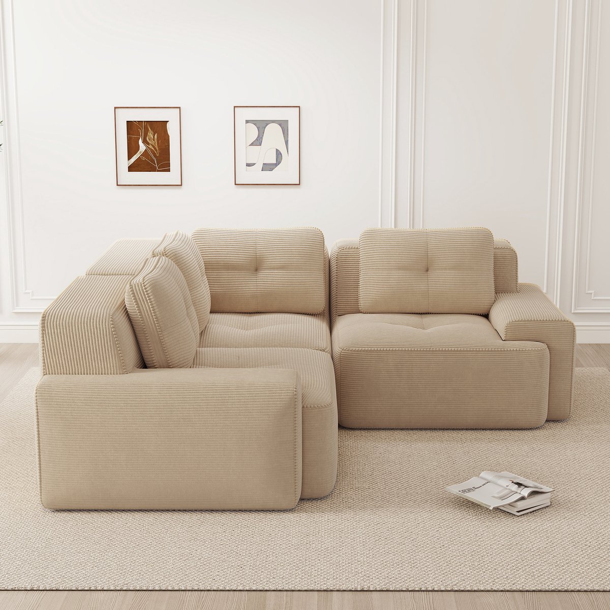 Merax Modulaire hoekbank - frameloze woonkamerbank - kantoorbank - corduroy zachte kussen lage bank - antislip ontwerp - beige