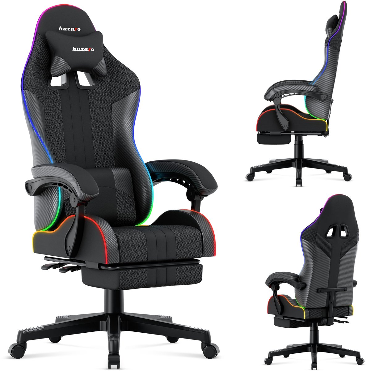 Huzaro Force 4.7 RGB Ergonomische Gamestoel - Met LED Verlichting & Afstandsbediening - Mesh Zwart
